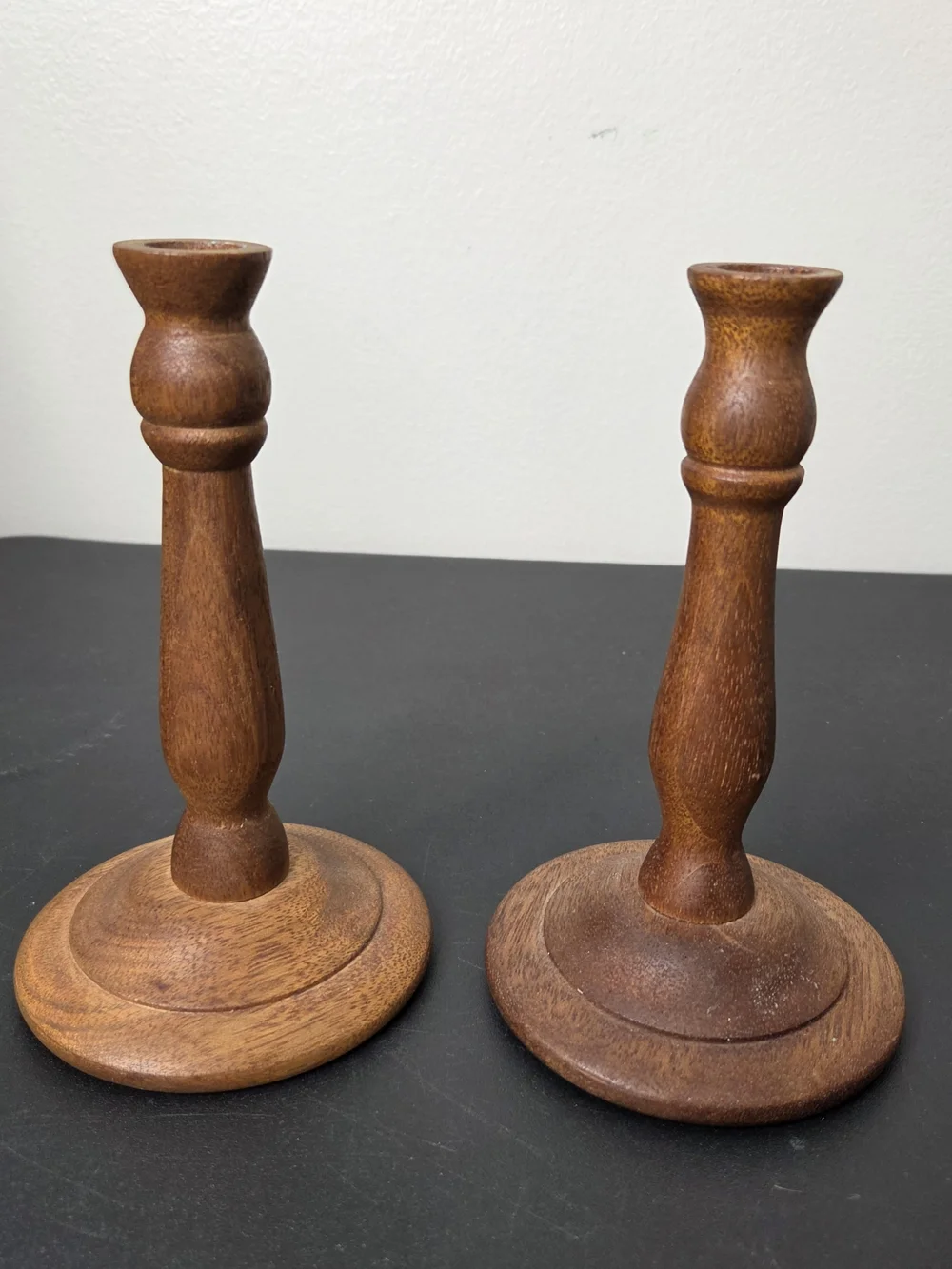 Vtg Wooden Hand-Turned Candle Holders Pair - Artist Signed